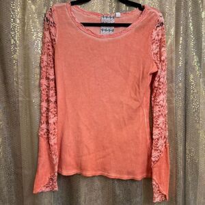 Others Follow Coral Orange Lace Sleeve Waffle Knit Boho‎ Long Sleeve Top Medium